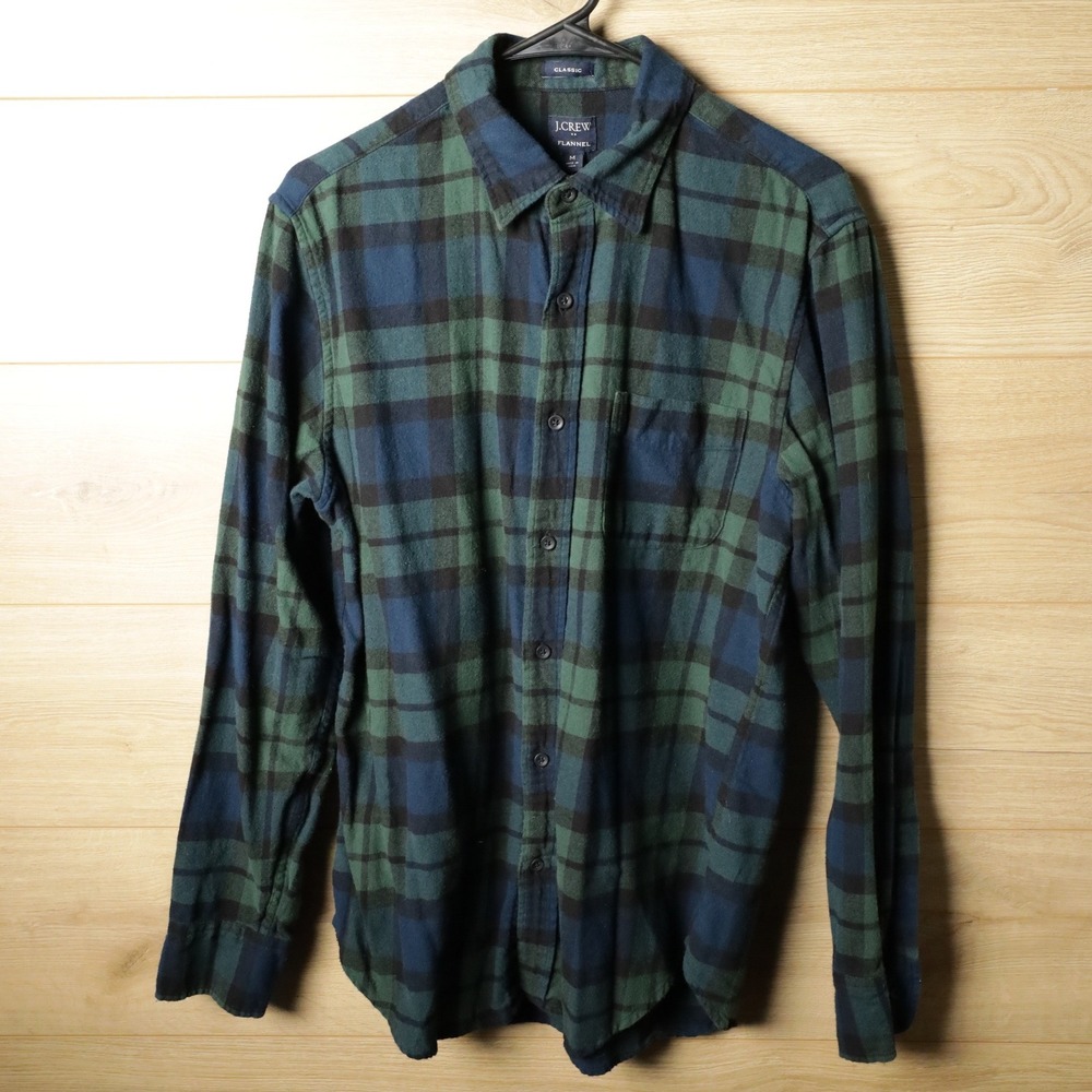 J Crew Classic Flannel Long Sleeve Shirt Blue Green Plaid Size Medium‎